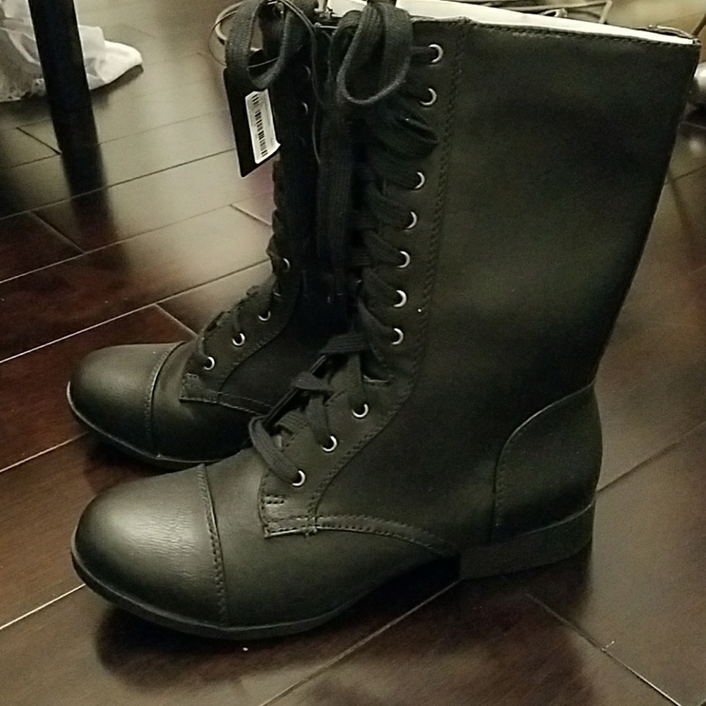 Leather Calf Length Combat Boots